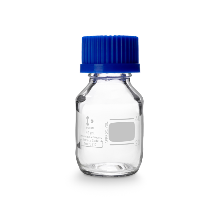 DURAN® Laboratory bottle, clear, graduated, GL 32, with screw-cap and pouring ring (PP), 50 ml, EACH