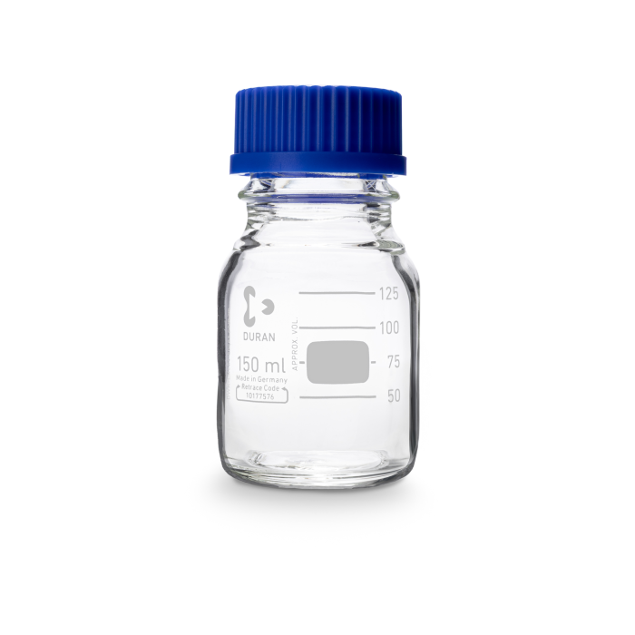 DURAN® Laboratory bottle, clear, graduated, GL 45, with screw-cap and pouring ring (PP), 150 ml, EACH