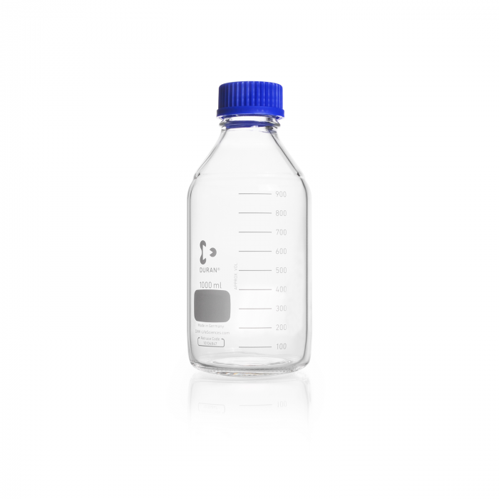 DURAN® Laboratory bottle, clear, graduated, GL 45, with screw-cap and pouring ring (PP), 1000 ml, EACH