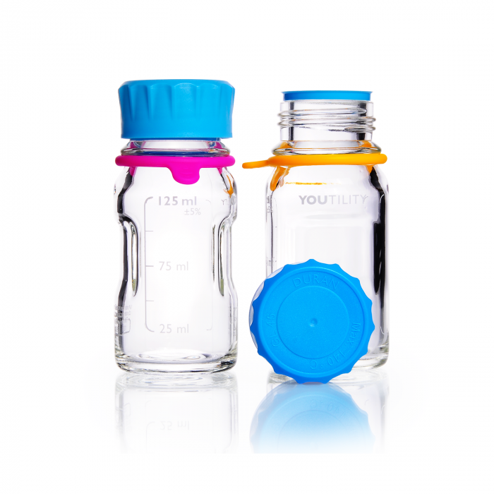 DURAN® YOUTILITY Bottle GL45, clear, with Screw cap, pouring ring, and Bottle tag, 125 ml, EACH