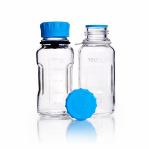 DURAN® YOUTILITY Bottle GL45, clear, with Screw cap, pouring ring, and Bottle tag, 250ml, EACH
